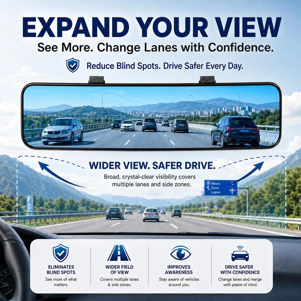 SkycropHD Blue Anti Glare Wide Angle Car Rearview Mirror 29.5cm (11.6'') | Reduces Blind Spots & Headlight Glare - view 2