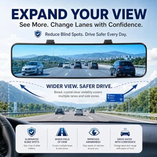 SkycropHD Blue Anti Glare Wide Angle Car Rearview Mirror 29.5cm (11.6'') | Reduces Blind Spots & Headlight Glare thumbnail 2