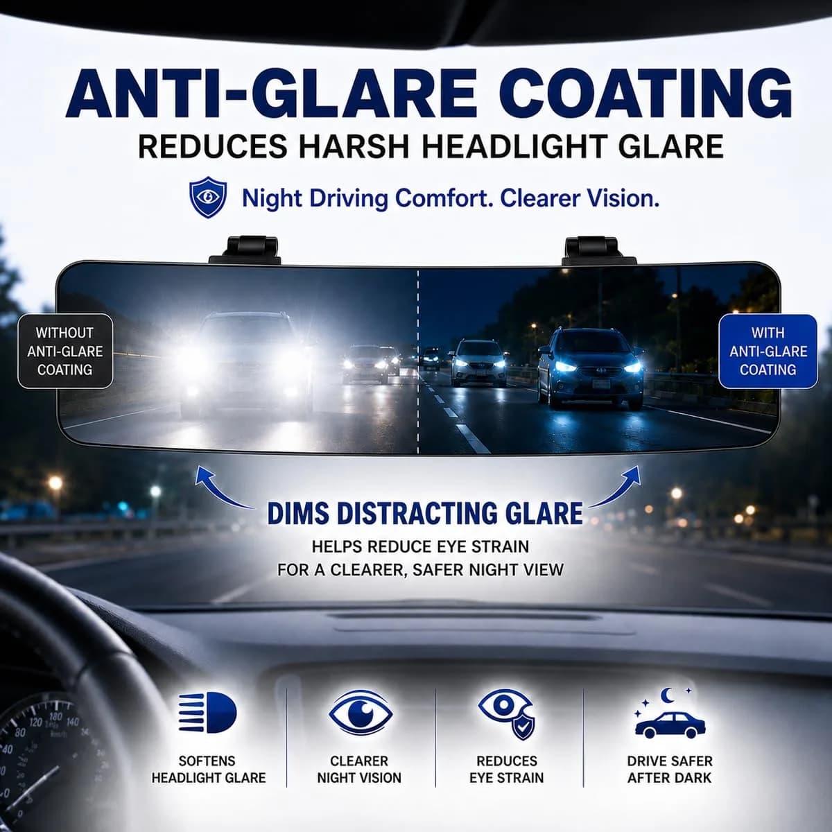 SkycropHD Blue Anti Glare Wide Angle Car Rearview Mirror 29.5cm (11.6'') | Reduces Blind Spots & Headlight Glare - view 3