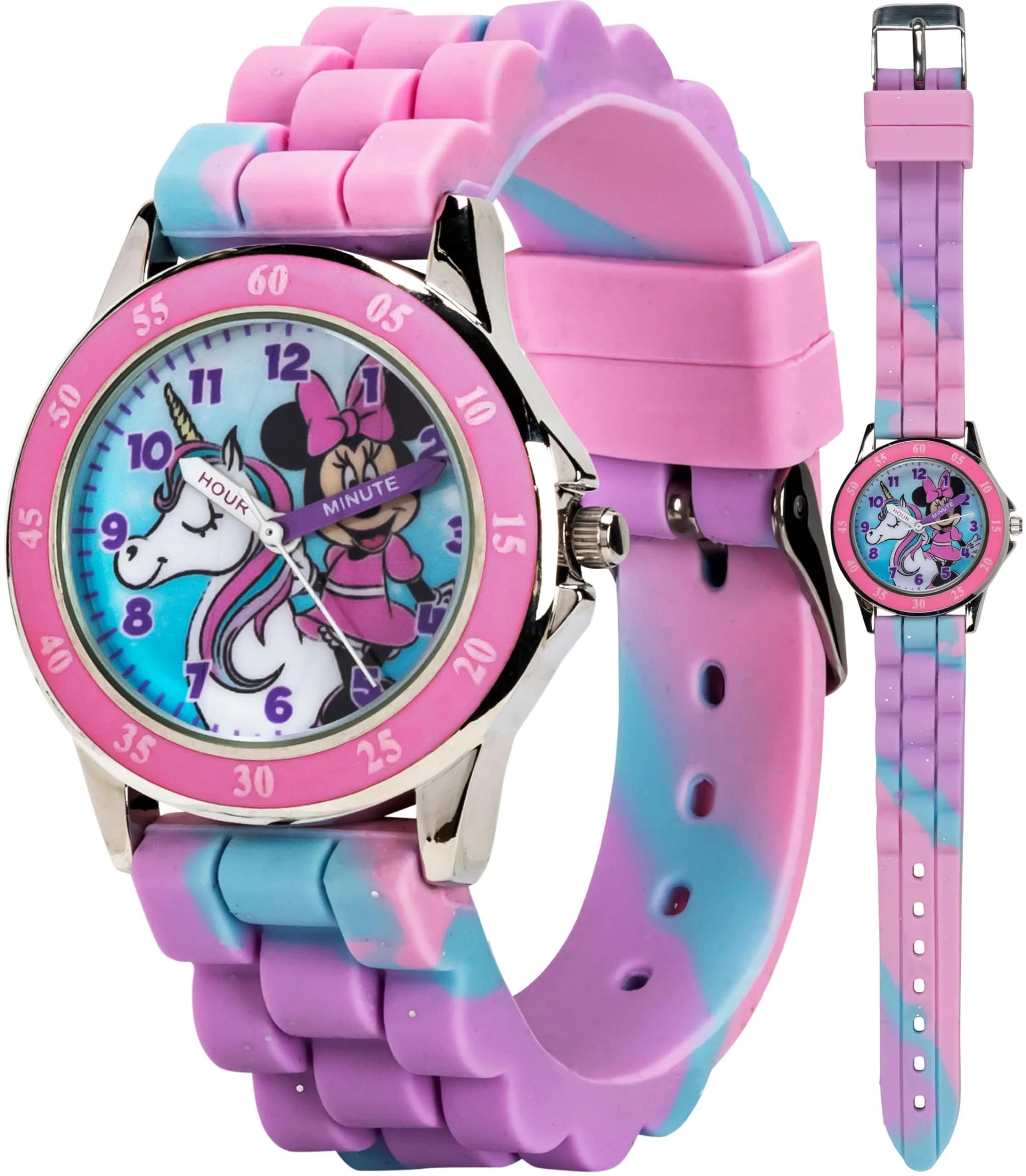 Accutime Disney Minnie Mouse Time Teacher Watch for Girls | 35mm Case, 15.5mm Rubber Strap, Pink Rotating Bezel — Pink/Purple