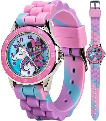 Accutime Disney Minnie Mouse Time Teacher Watch for Girls | 35mm Case, 15.5mm Rubber Strap, Pink Rotating Bezel thumbnail 1