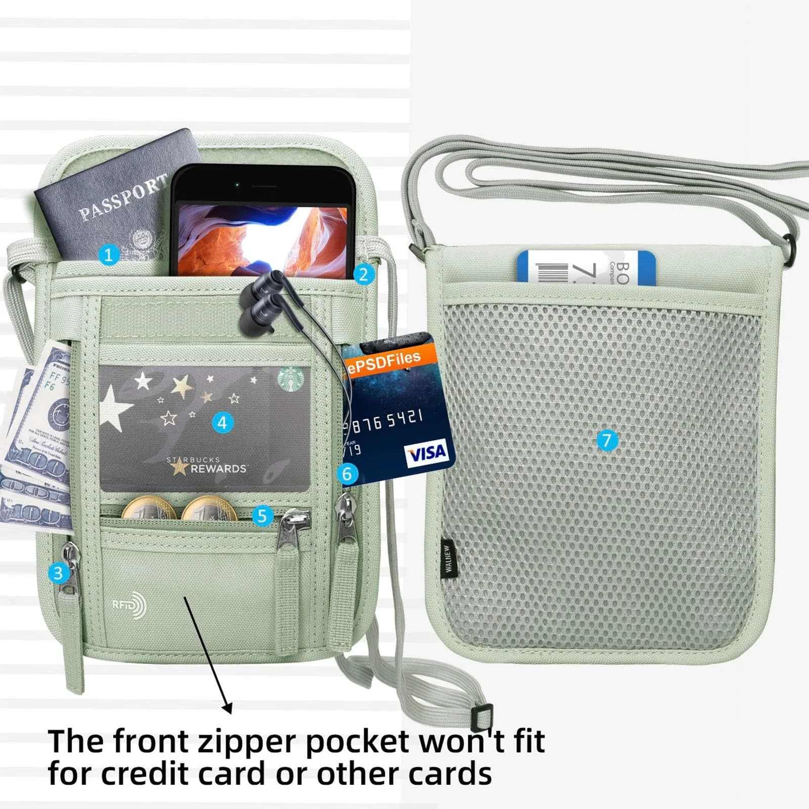 WALNEW RFID Blocking Passport Holder Neck Pouch 18cm (7.5") | Secure Travel Wallet with Lanyard for Men & Women - view 5