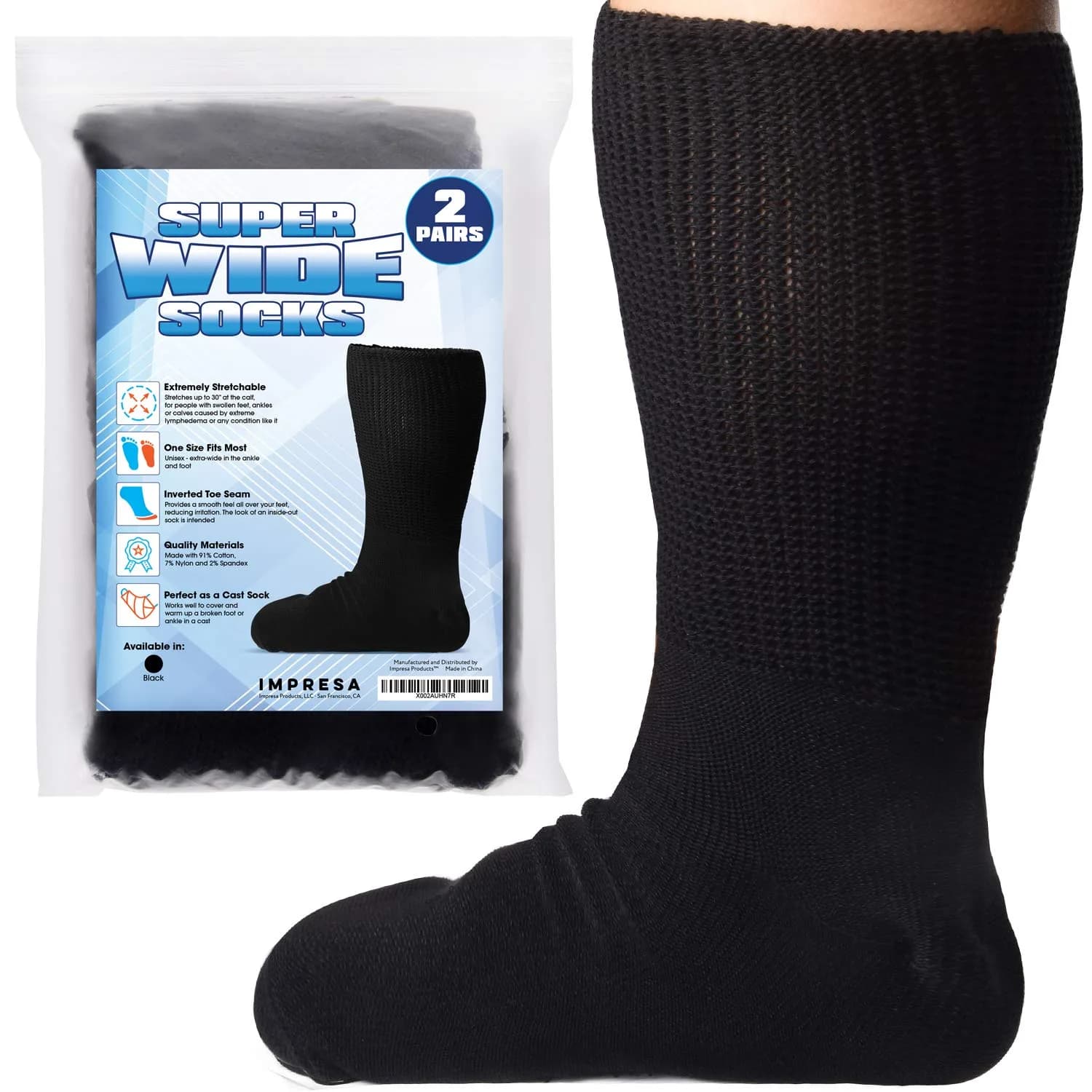 IMPRESA Extra Wide Cast Socks for Men & Women - 2 Pairs Black Ankle Socks - Stretches to 30" for Swollen Feet — Black