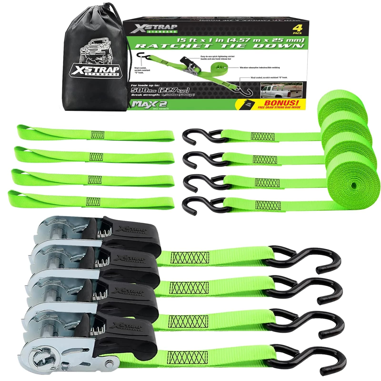 XSTRAP STANDARD 4 Pack 1" x 15Ft Ratchet Tie Down Straps with 4 Soft Loops | Heavy-Duty Cargo Securing in Green