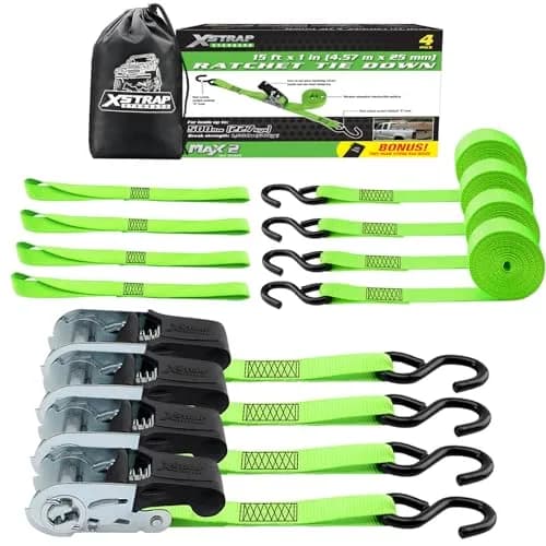 XSTRAP STANDARD 4 Pack 1" x 15Ft Ratchet Tie Down Straps with 4 Soft Loops | Heavy-Duty Cargo Securing in Green thumbnail 1