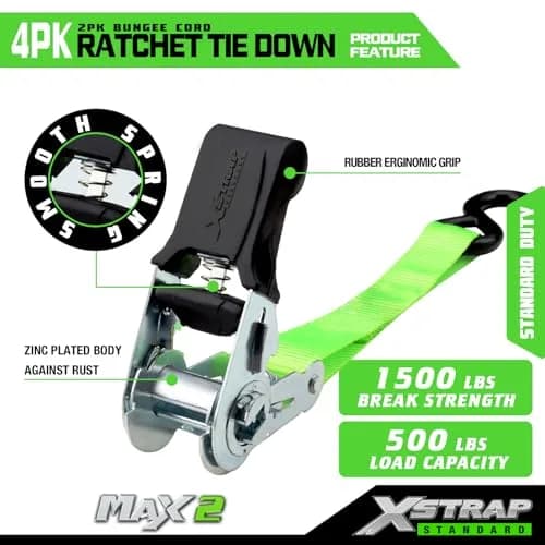 XSTRAP STANDARD 4 Pack 1" x 15Ft Ratchet Tie Down Straps with 4 Soft Loops | Heavy-Duty Cargo Securing in Green thumbnail 4