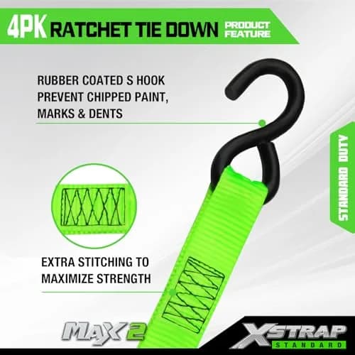XSTRAP STANDARD 4 Pack 1" x 15Ft Ratchet Tie Down Straps with 4 Soft Loops | Heavy-Duty Cargo Securing in Green thumbnail 5