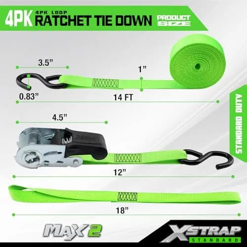 XSTRAP STANDARD 4 Pack 1" x 15Ft Ratchet Tie Down Straps with 4 Soft Loops | Heavy-Duty Cargo Securing in Green thumbnail 6
