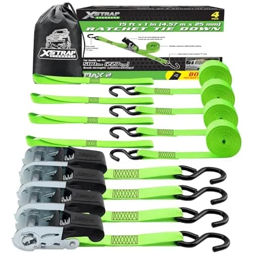XSTRAP STANDARD 4 Pack 1" x 15Ft Ratchet Tie Down Straps with 4 Soft Loops | Heavy-Duty Cargo Securing in Green thumbnail 7