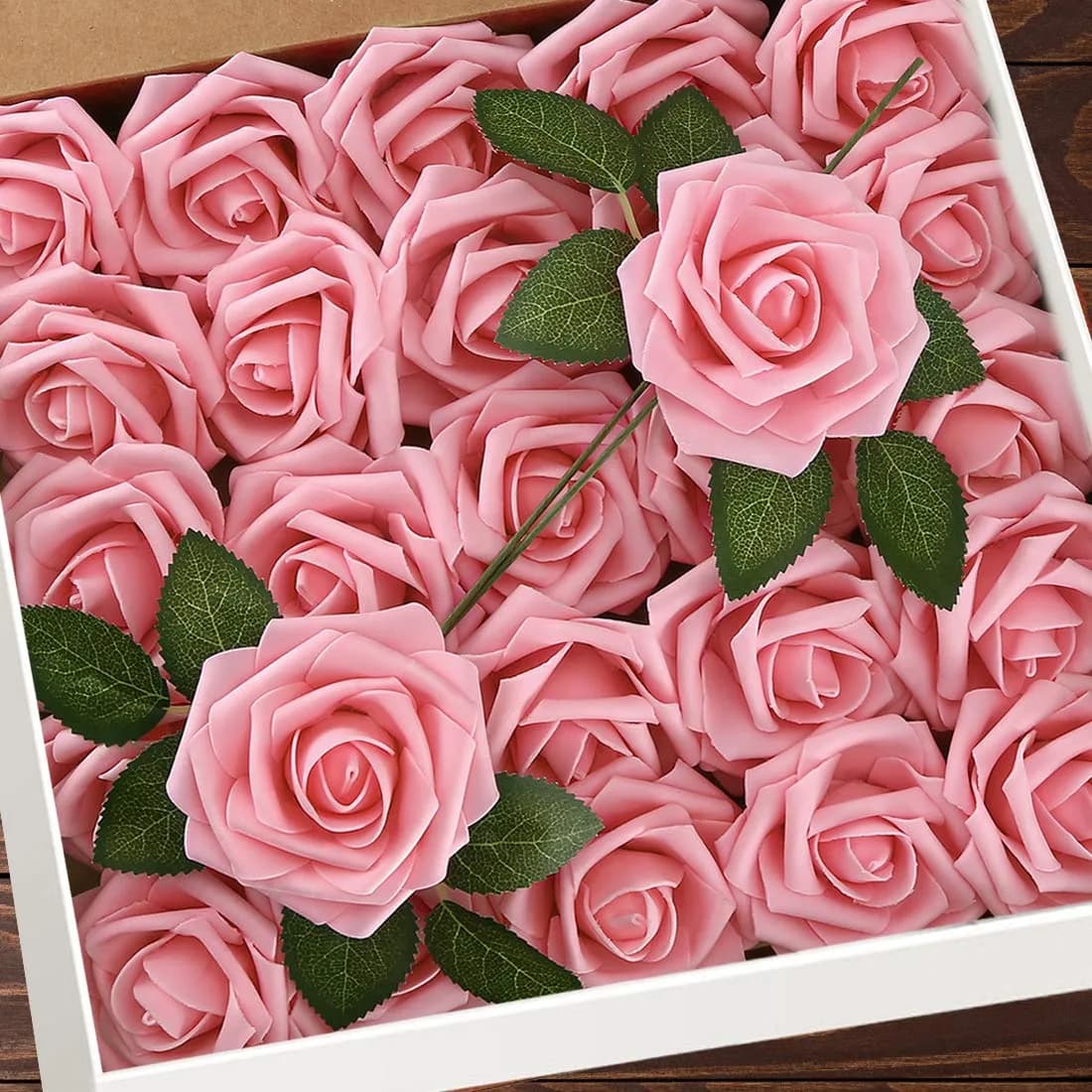 Higfra Pink 25pcs Artificial Foam Roses with Stems | Realistic Look for DIY Bouquets & Decor - main product image