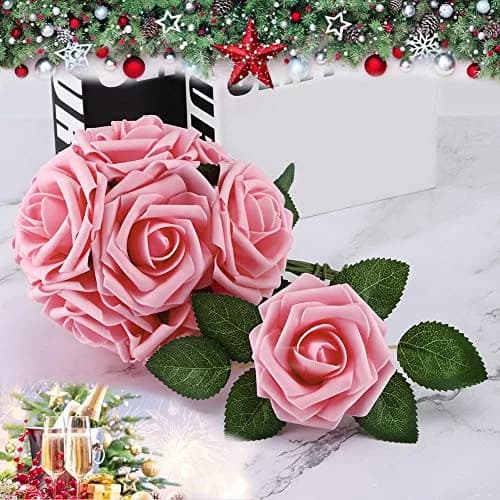 Higfra Pink 25pcs Artificial Foam Roses with Stems | Realistic Look for DIY Bouquets & Decor thumbnail 4