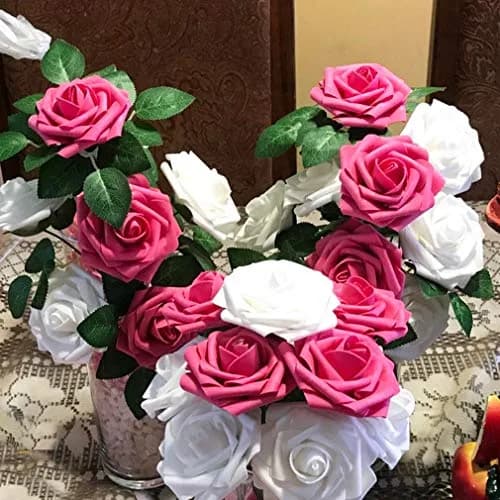 Higfra Pink 25pcs Artificial Foam Roses with Stems | Realistic Look for DIY Bouquets & Decor thumbnail 5