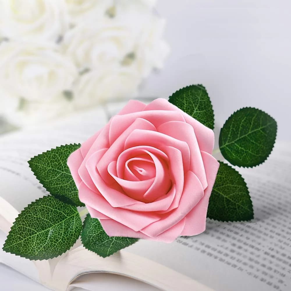 Higfra Pink 25pcs Artificial Foam Roses with Stems | Realistic Look for DIY Bouquets & Decor - view 2
