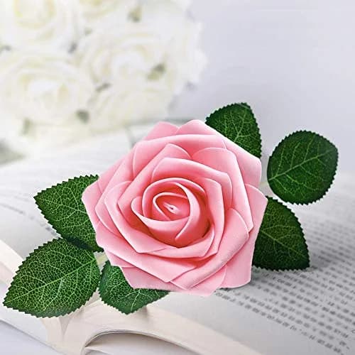 Higfra Pink 25pcs Artificial Foam Roses with Stems | Realistic Look for DIY Bouquets & Decor thumbnail 2