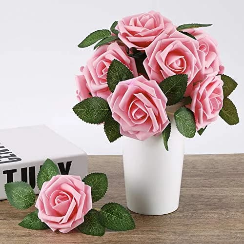 Higfra Pink 25pcs Artificial Foam Roses with Stems | Realistic Look for DIY Bouquets & Decor thumbnail 3