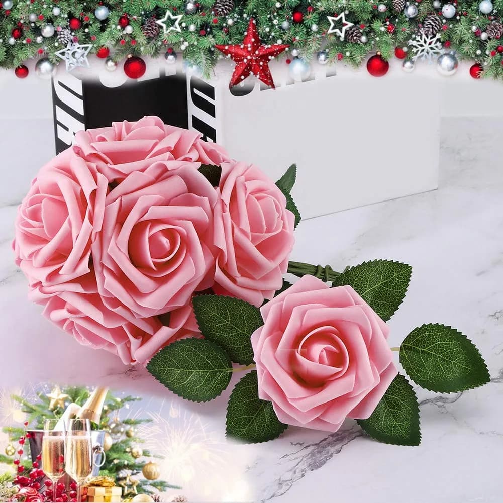 Higfra Pink 25pcs Artificial Foam Roses with Stems | Realistic Look for DIY Bouquets & Decor - view 4