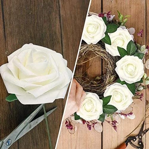 Higfra Artificial Latex Foam Roses with Stems (25 Count, Cream) | Realistic Fake Flowers for DIY Arrangements thumbnail 4