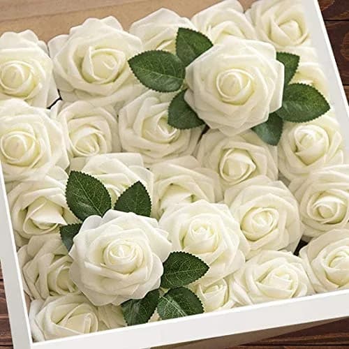 Higfra Artificial Latex Foam Roses with Stems (25 Count, Cream) | Realistic Fake Flowers for DIY Arrangements thumbnail 1