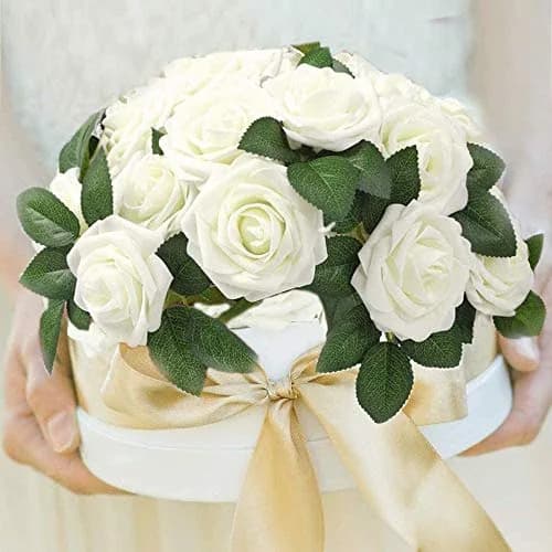 Higfra Artificial Latex Foam Roses with Stems (25 Count, Cream) | Realistic Fake Flowers for DIY Arrangements thumbnail 2