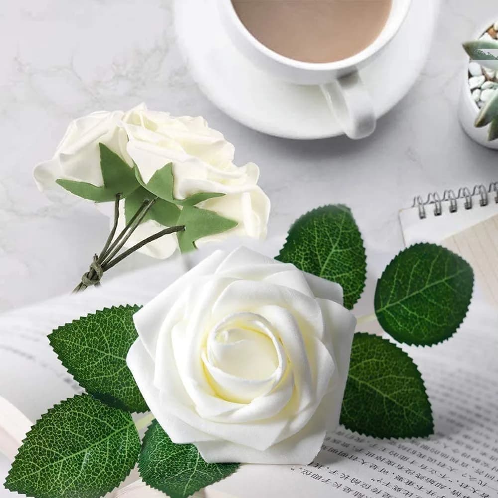 Higfra Artificial Latex Foam Roses with Stems (25 Count, Cream) | Realistic Fake Flowers for DIY Arrangements - view 3