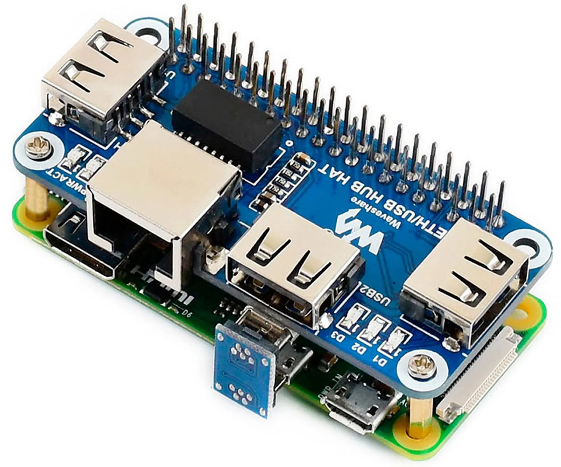 Waveshare Ethernet/USB HUB HAT for Raspberry Pi 5/4B/3B+/Zero 2W with 3x USB 2.0/1.1 Ports & RJ45 10/100M Ethernet Port | Expansion Board — Ethernet/USB HUB HAT