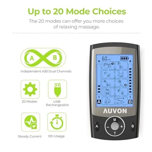 AUVON Dual Channel TENS Unit Muscle Stimulator Machine for Pain Relief, 16 Piece Set | Drug-Free Pain Management thumbnail 4
