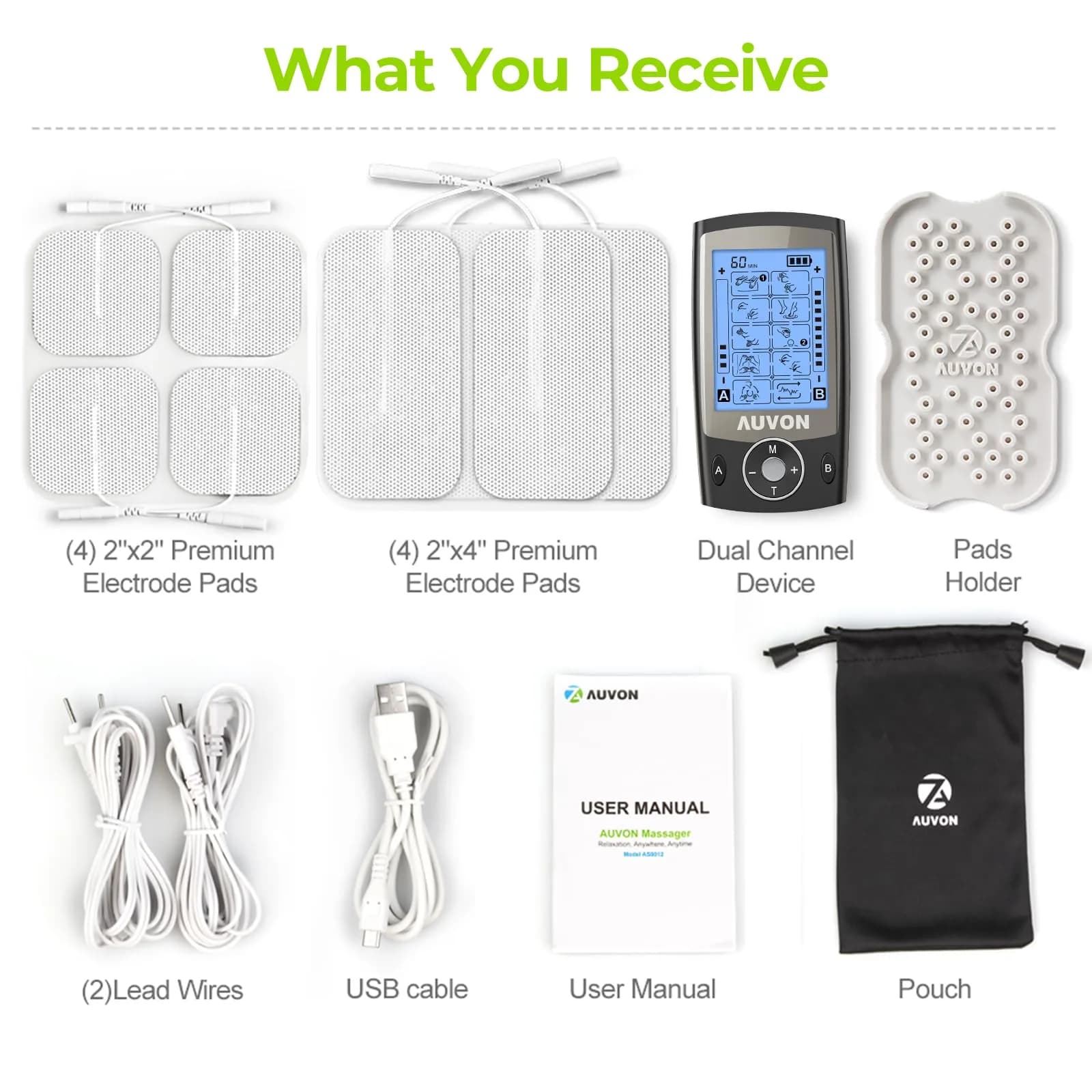 AUVON Dual Channel TENS Unit Muscle Stimulator Machine for Pain Relief, 16 Piece Set | Drug-Free Pain Management - view 8