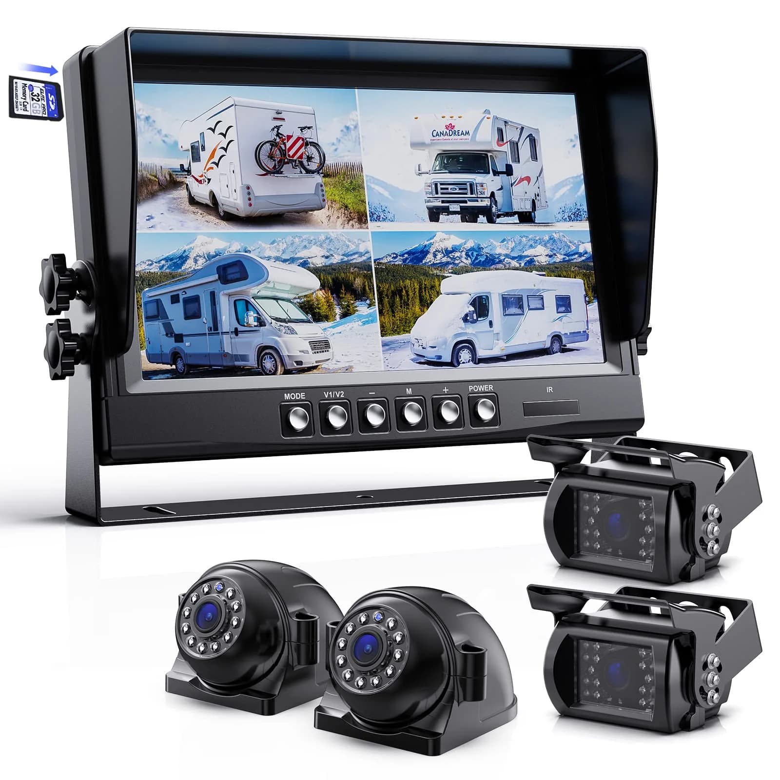 eRapta 1080P Wired Vehicle Safety Camera System Kit, 9" HD DVR Monitor | IP69K Waterproof, 4 HD Cameras, Night Vision, 12-36V — Grey