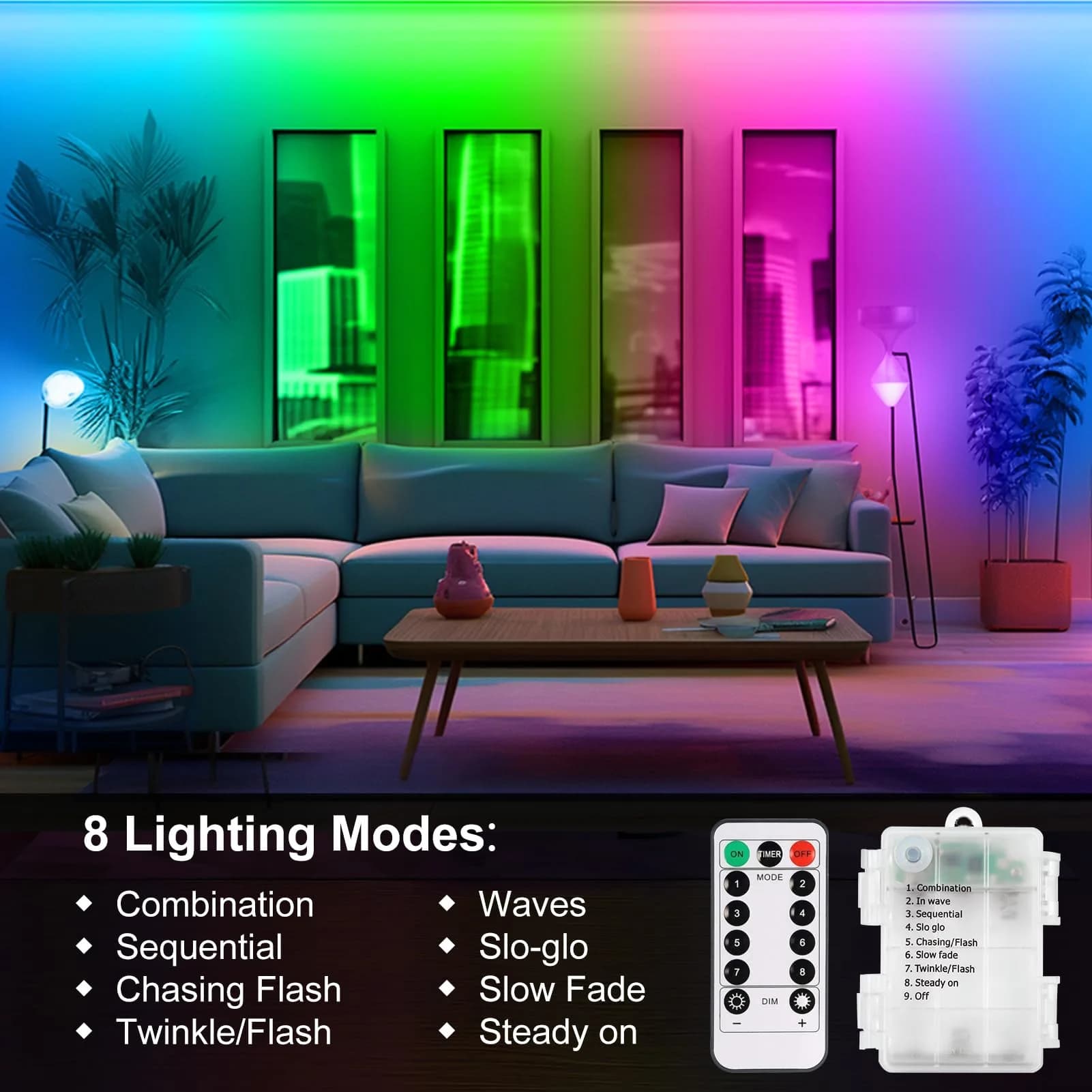echosari Multicolor LED Strip Lights, 9.8ft (3m) Battery Operated with Remote, 8 Modes, Dimmable, Timer, Self-Adhesive - view 3