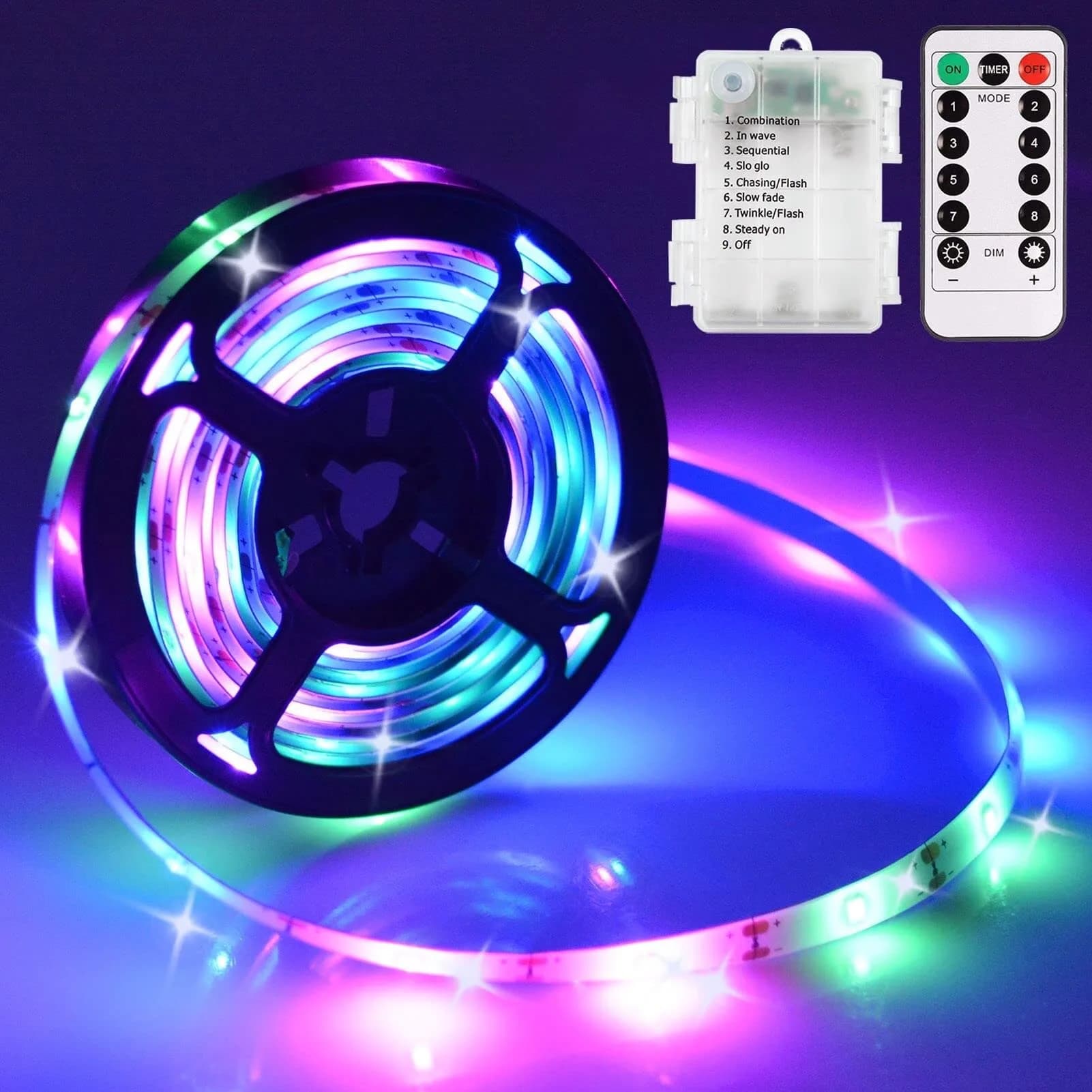 echosari Battery Operated LED Strip Lights White with Remote, 8 Modes, Dimmable, Timer, Self-Adhesive, Cuttable, 9.8ft (3m) 90LED (Pack of 3) | Ambient Lighting for Decor — Multicolor / 9.8Ft
