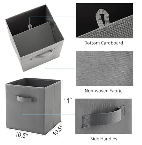 MAX Houser 6 Pack Foldable Fabric Storage Bins, Grey 10.5x10.5x11 Inch | Space-Saving Collapsible Organizer thumbnail 3