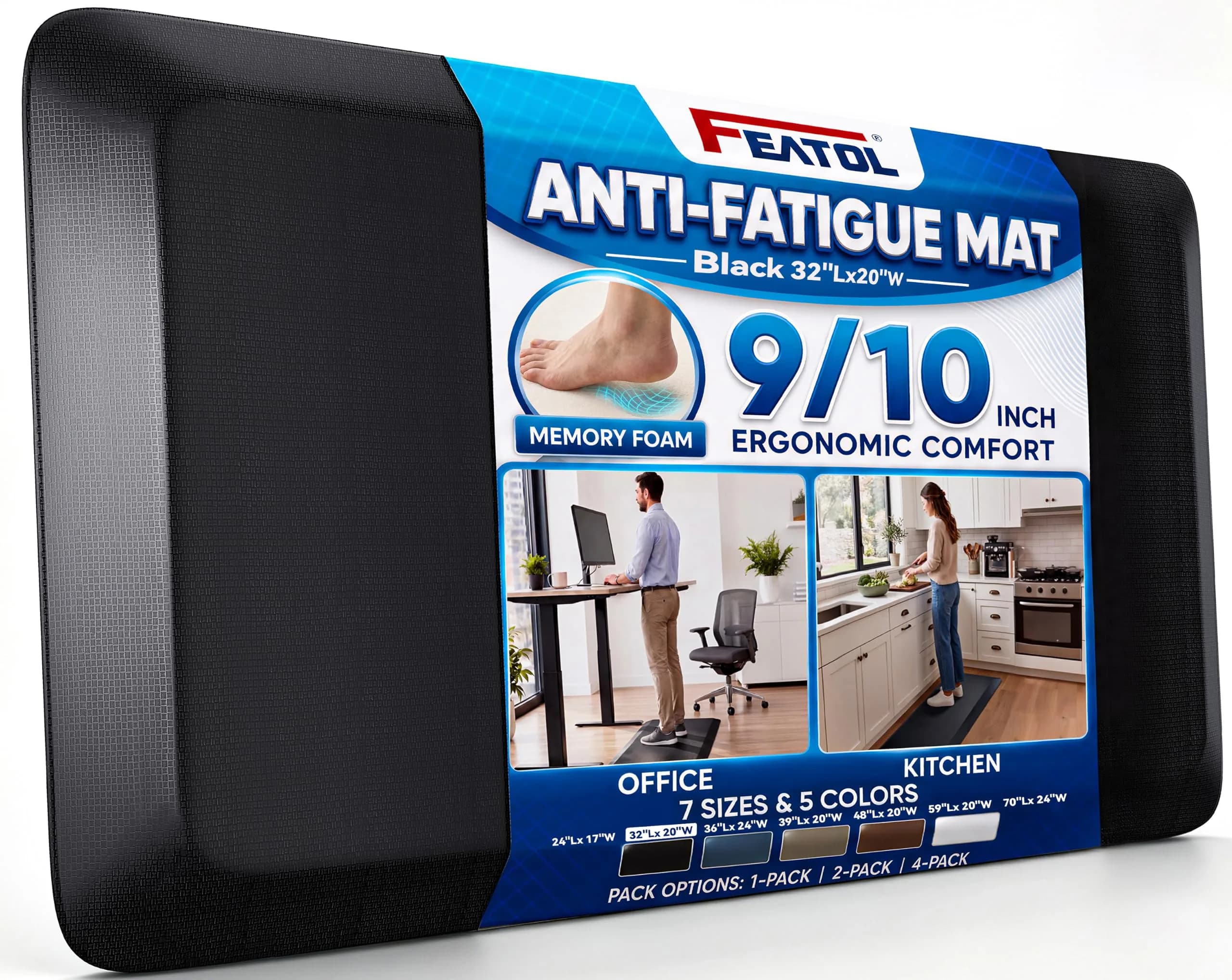 FEATOL Anti Fatigue Mat for Standing Desk & Kitchen Floor, 9/10 Extra Thick | Ergonomic Support for Long Standing — Black