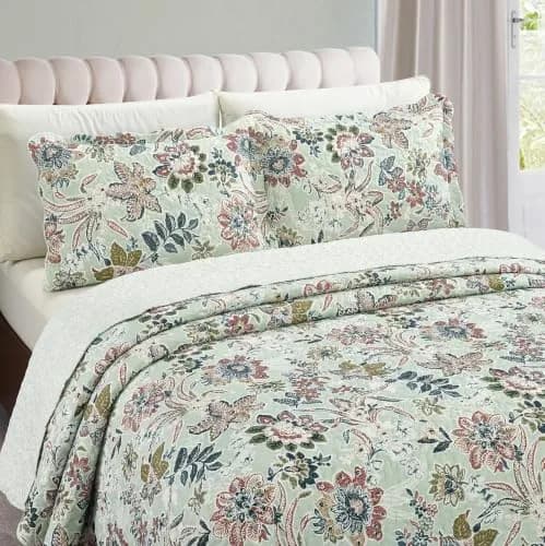 Brilliant Sunshine Green Bedding Set Full/Queen | Vintage Floral Design, All Seasons, Microfiber thumbnail 4