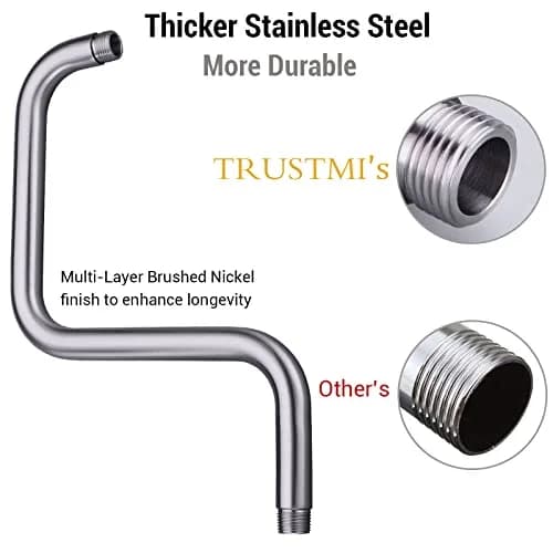 TRUSTMI Shower Arm with Flange, 13 Inch Stainless Steel, Brushed Nickel | High Rise Rainfall Extension thumbnail 4