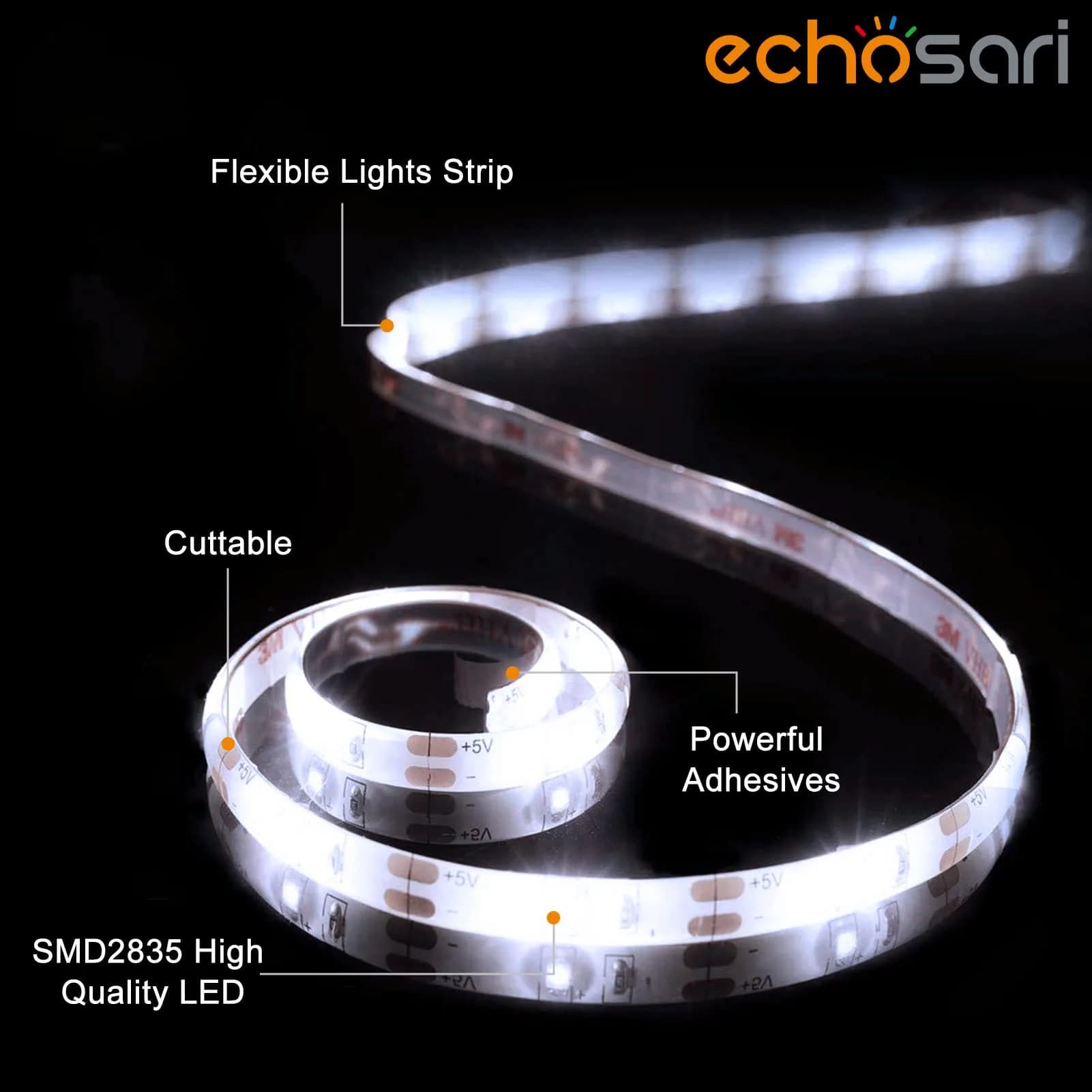 echosari Cool White 9.8ft Battery Operated LED Strip Lights with Remote, 8 Modes, Dimmable - view 2