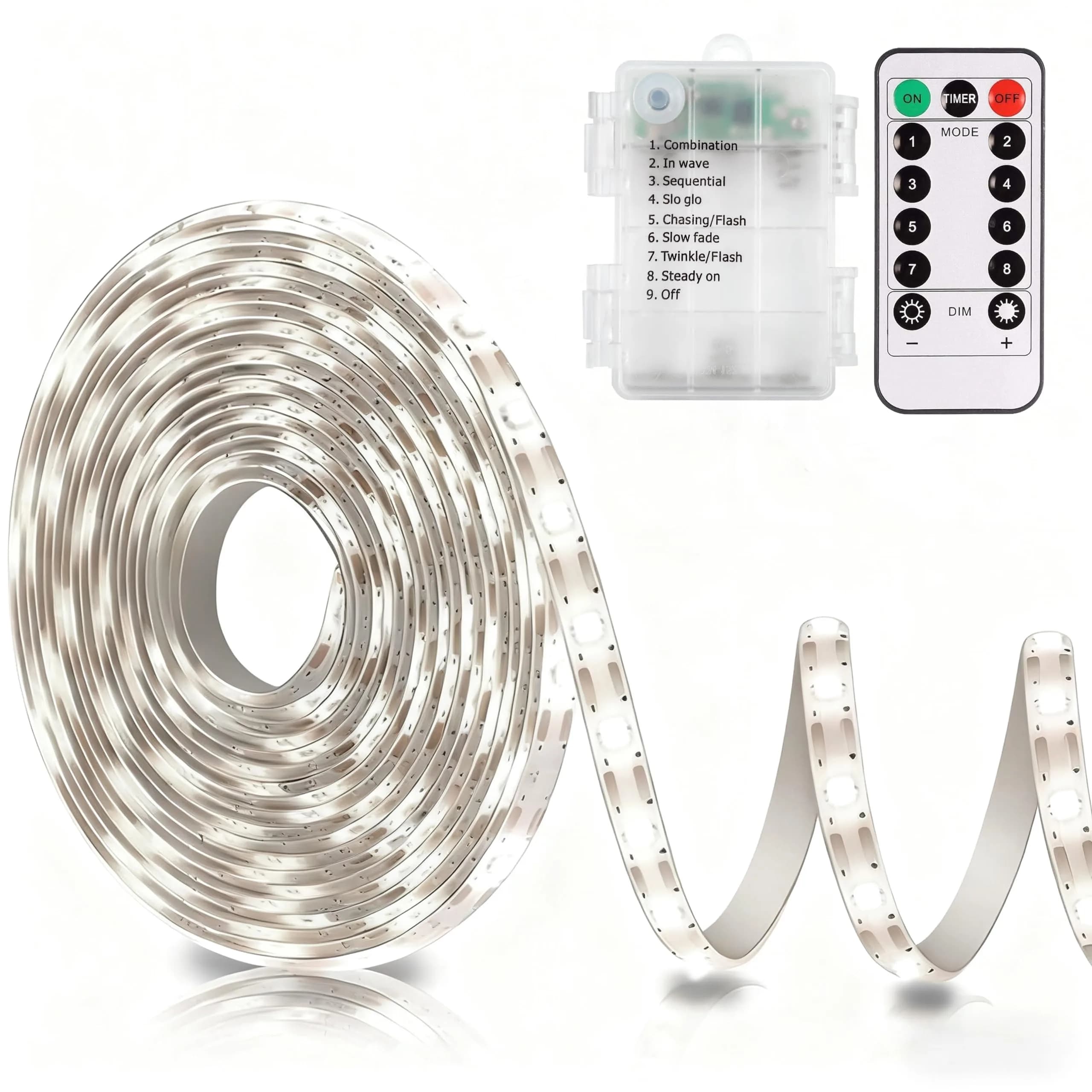 echosari Battery Operated LED Strip Lights White with Remote, 8 Modes, Dimmable, Timer, Self-Adhesive, Cuttable, 9.8ft (3m) 90LED (Pack of 3) | Ambient Lighting for Decor — Cool White / 9.8Ft