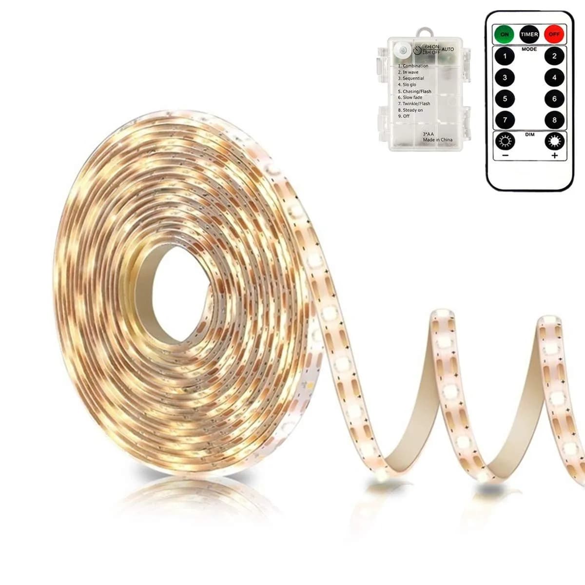 echosari Battery Powered LED Strip Lights 3m (9.8ft) with Remote, 8 Modes, Timer, Warm White | Dimmable & Cuttable for TV, Kitchen, Bedroom Decor - main product image