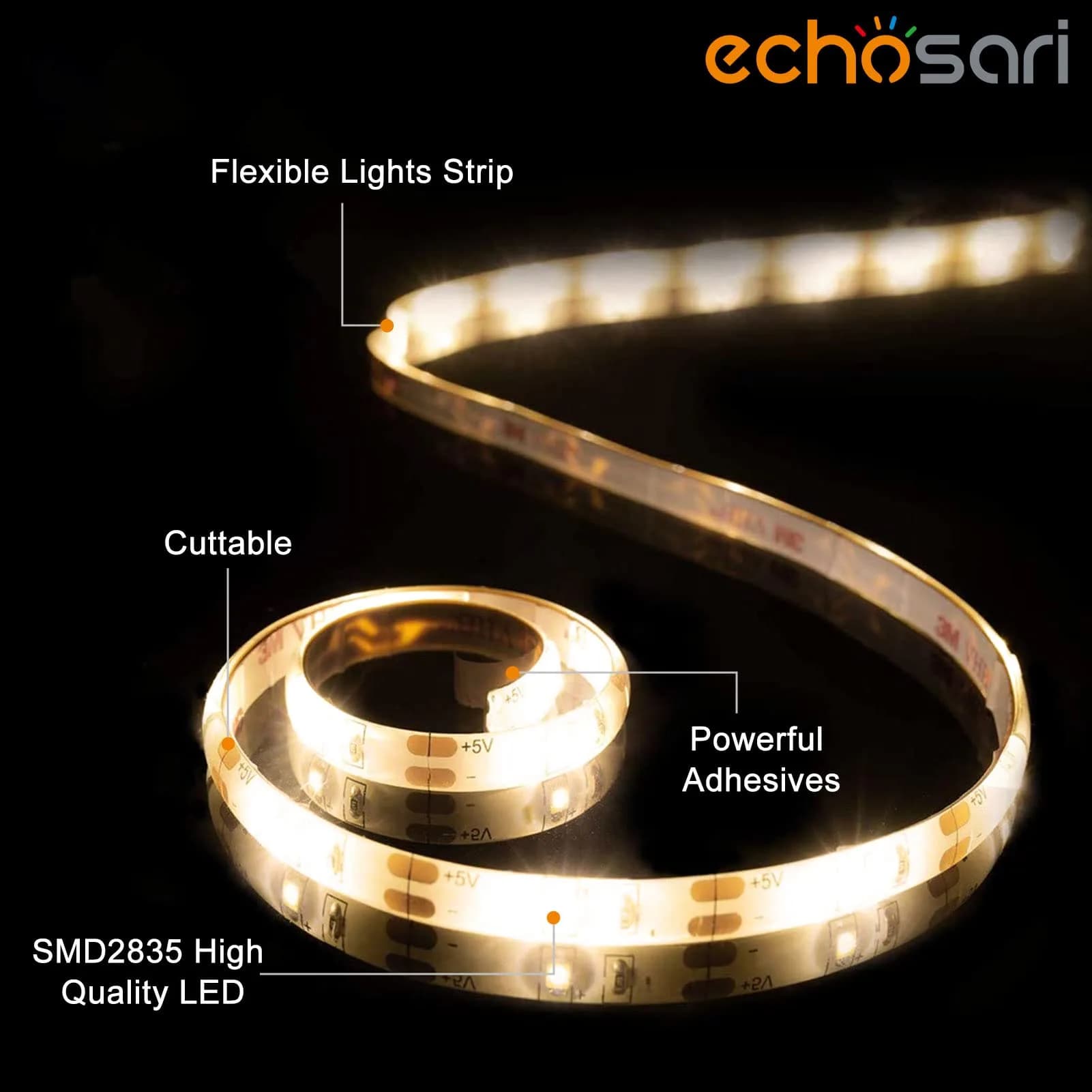 echosari Battery Powered LED Strip Lights 3m (9.8ft) with Remote, 8 Modes, Timer, Warm White | Dimmable & Cuttable for TV, Kitchen, Bedroom Decor - view 3