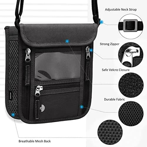 WALNEW RFID Blocking Neck Pouch Passport Holder 19cm (7.5in) | Secure Travel Wallet with Lanyard for Men & Women thumbnail 4