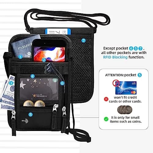 WALNEW RFID Blocking Neck Pouch Passport Holder 19cm (7.5in) | Secure Travel Wallet with Lanyard for Men & Women thumbnail 5