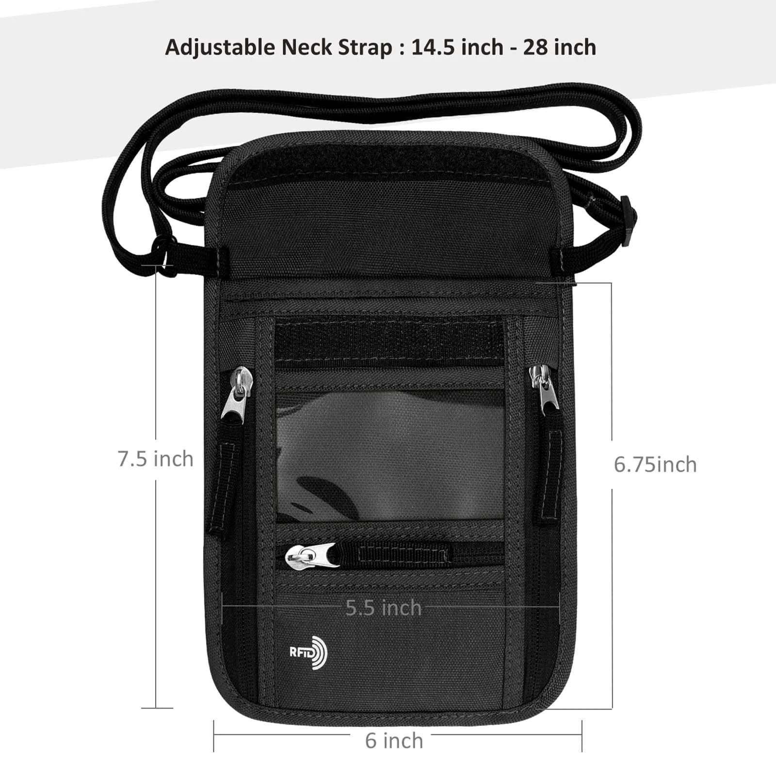 WALNEW RFID Blocking Neck Pouch Passport Holder 19cm (7.5in) | Secure Travel Wallet with Lanyard for Men & Women - view 2