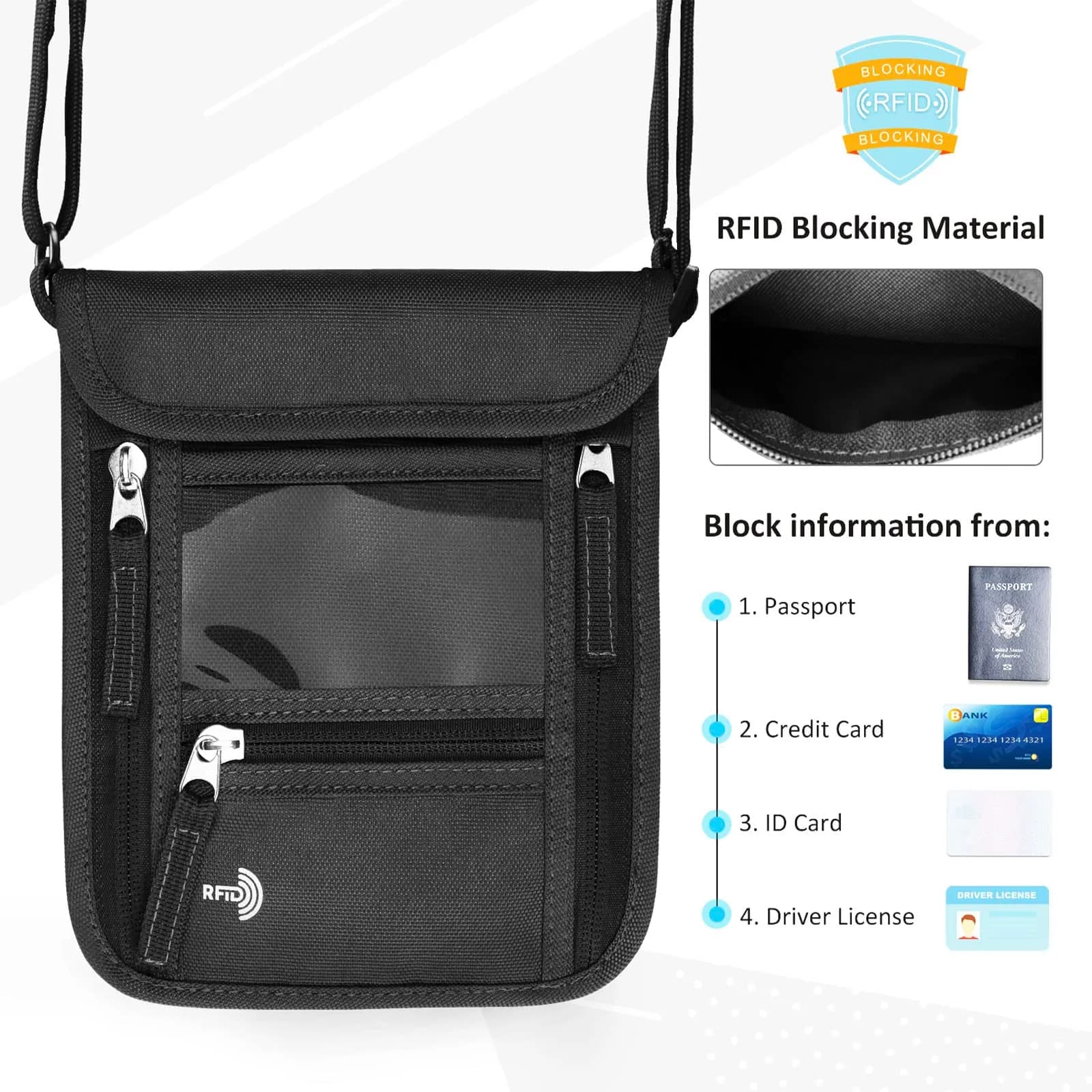 WALNEW RFID Blocking Neck Pouch Passport Holder 19cm (7.5in) | Secure Travel Wallet with Lanyard for Men & Women - view 3