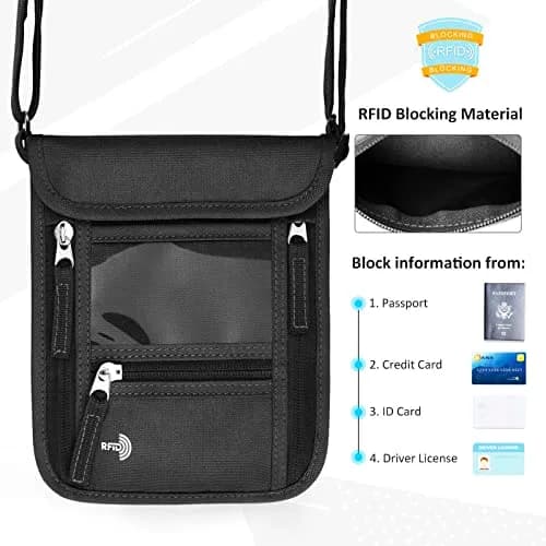 WALNEW RFID Blocking Neck Pouch Passport Holder 19cm (7.5in) | Secure Travel Wallet with Lanyard for Men & Women thumbnail 3