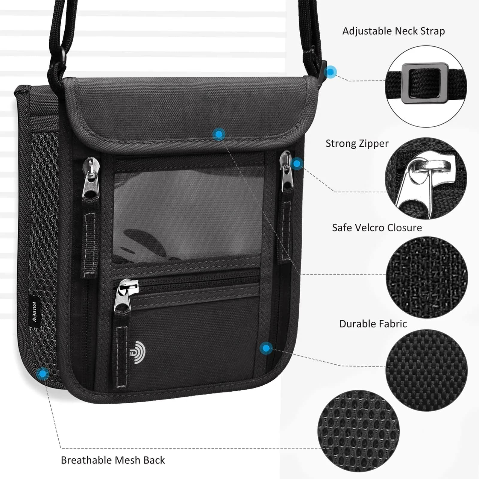 WALNEW RFID Blocking Neck Pouch Passport Holder 19cm (7.5in) | Secure Travel Wallet with Lanyard for Men & Women - view 4