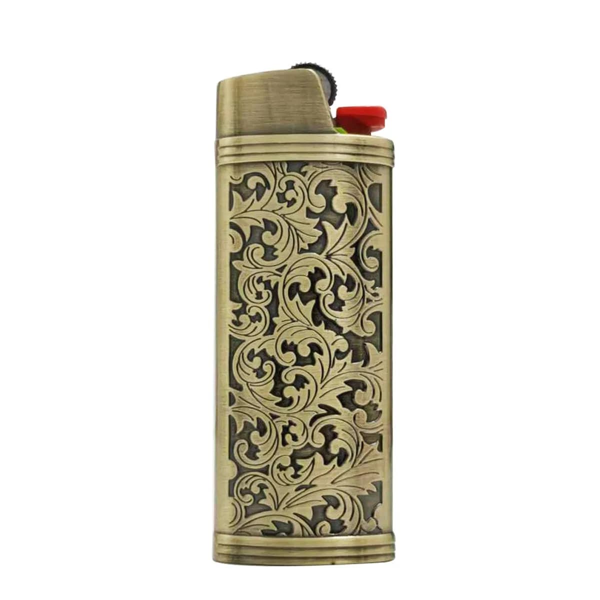 Lucklybestseller Metal Lighter Case Holder Vintage Floral Stamped for BIC Full Size Lighter J6 | Classic Metal Lighter Cover with Carved Patterns — Brozne