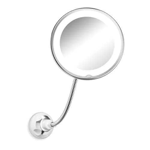 Brightown 10x Magnifying Makeup Mirror with Light & Flexible Gooseneck, 7.5 inch Round Mirror | Battery Operated Suction Mount — Silver