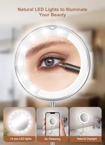 Brightown 10x Magnifying Makeup Mirror with Light & Flexible Gooseneck, 7.5 inch Round Mirror | Battery Operated Suction Mount thumbnail 4