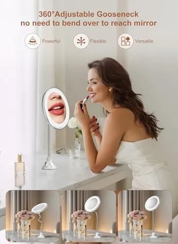 Brightown 10x Magnifying Makeup Mirror with Light & Flexible Gooseneck, 7.5 inch Round Mirror | Battery Operated Suction Mount thumbnail 7