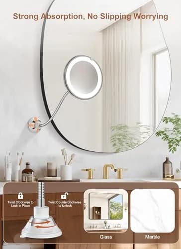 Brightown 10x Magnifying Makeup Mirror with Light & Flexible Gooseneck, 7.5 inch Round Mirror | Battery Operated Suction Mount thumbnail 3