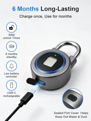 MEGAFEIS Biometric Fingerprint Padlock Blue 1.97in (5cm) Shackle | Bluetooth App Control thumbnail 5